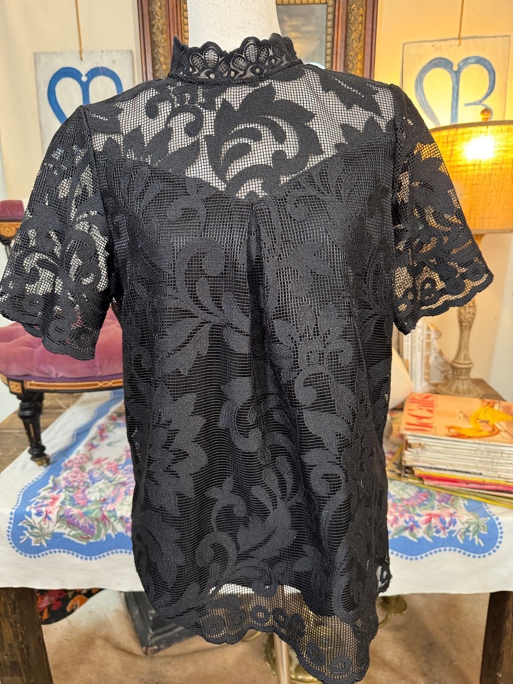Ro & De Black Lace Mock Neck Women's Top